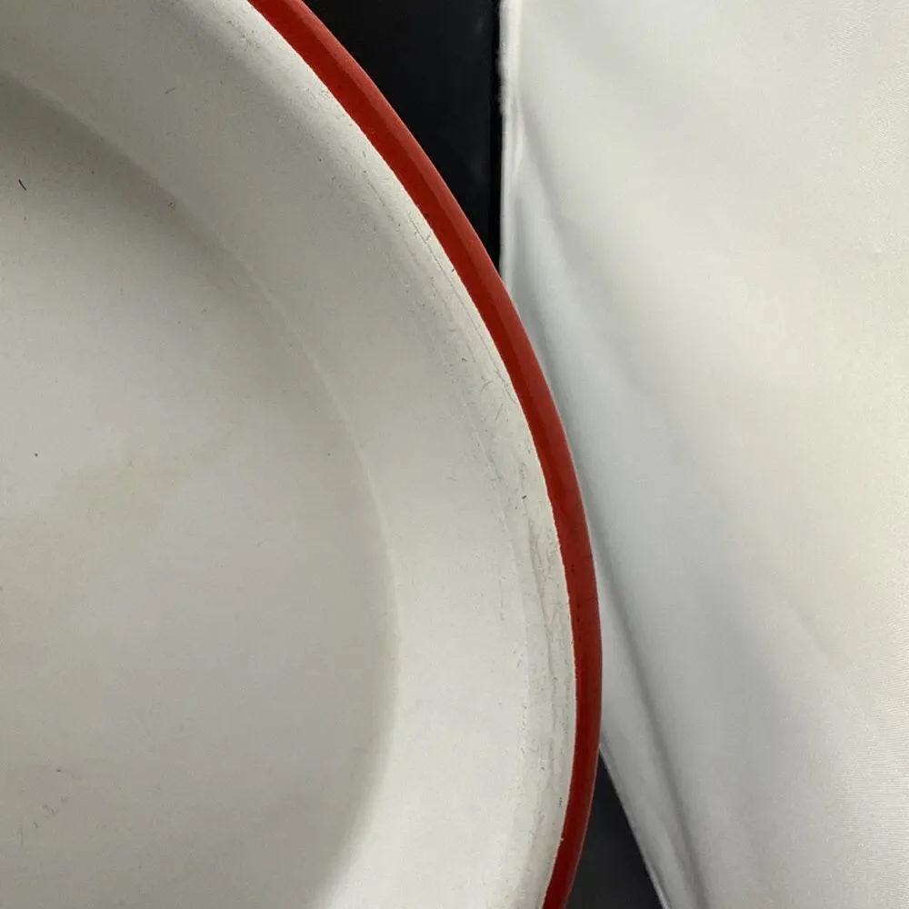 Vintage White Red Rim Enamelware Dinner Plate Farmhouse Camp Rustic 10 Inch